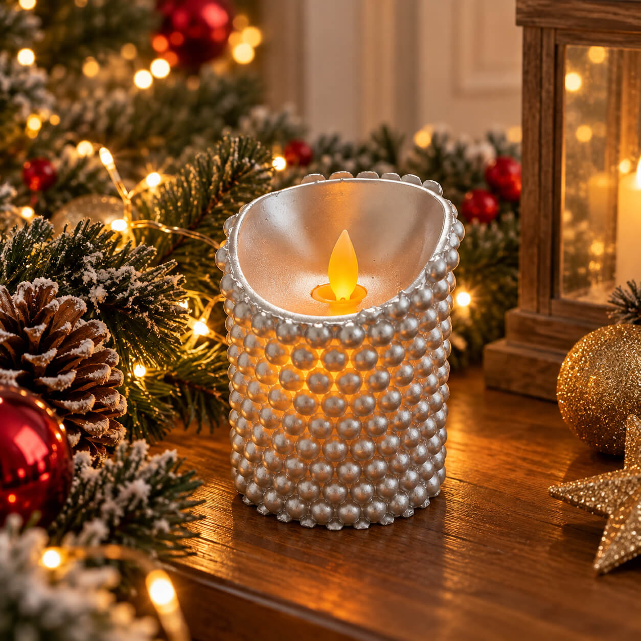 Silver Beaded Real Wax LED Candle with Timer
